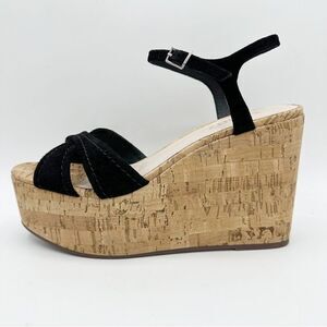 Schutz Black Suede Platform Cork Ankle Strap Bellina Wedge Buckle Sandals Sz‎